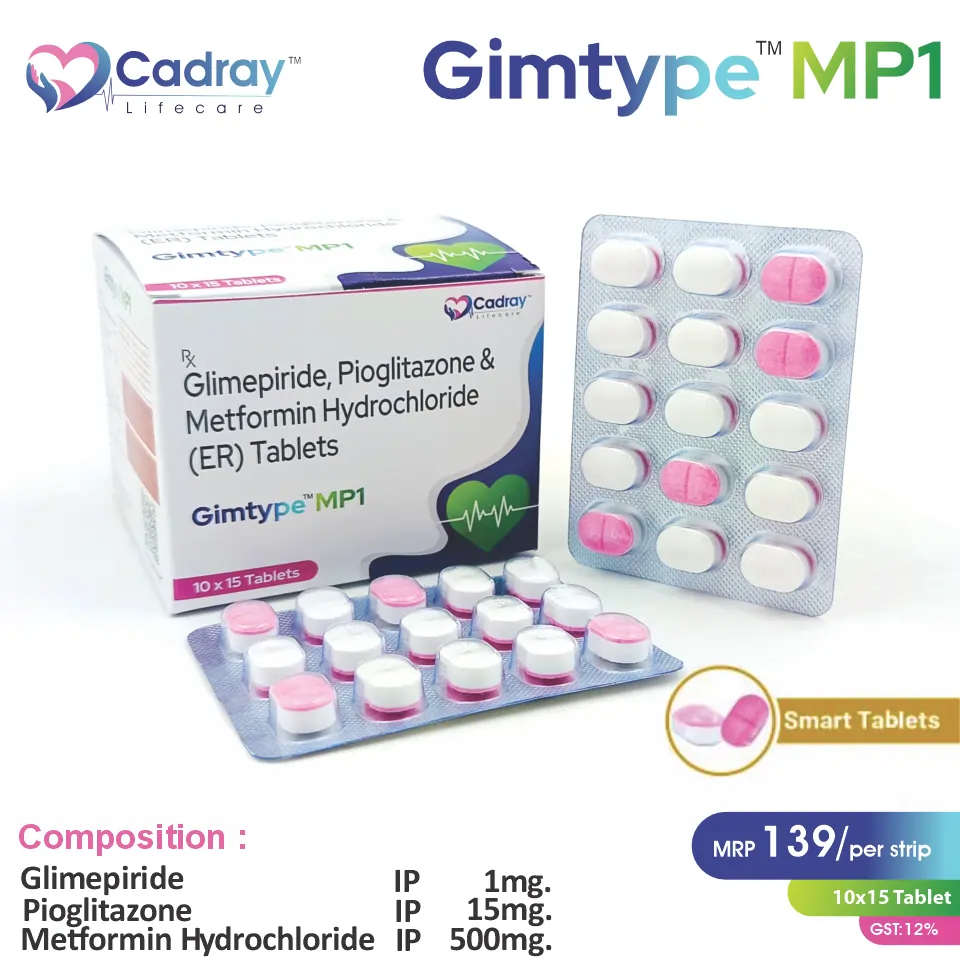 Glimepiride 1mg + Metformin 500mg + Pioglitazone 15mg Tablet for diabetes care | Best price for PCD Pharma Franchise | WHO-GMP certified